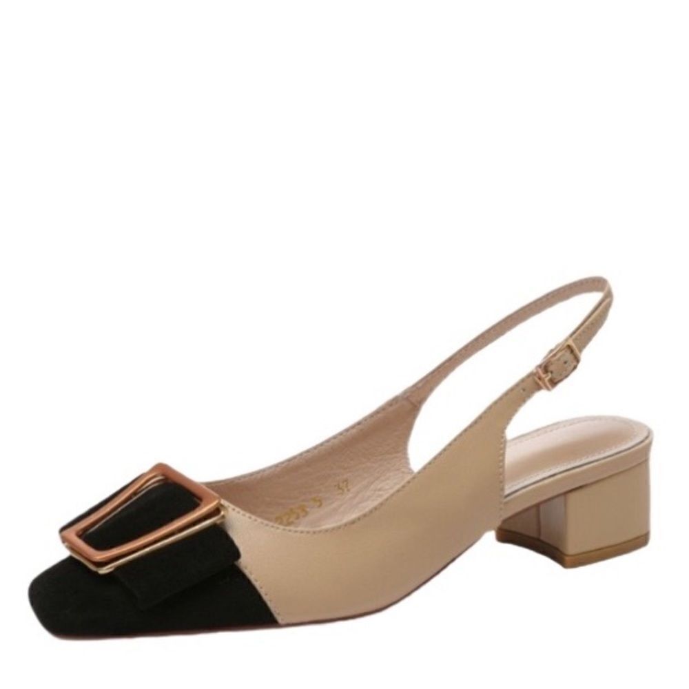 Nude Black Gold Minimalist Block Heels Squared Toe Dress Slingback Shoes